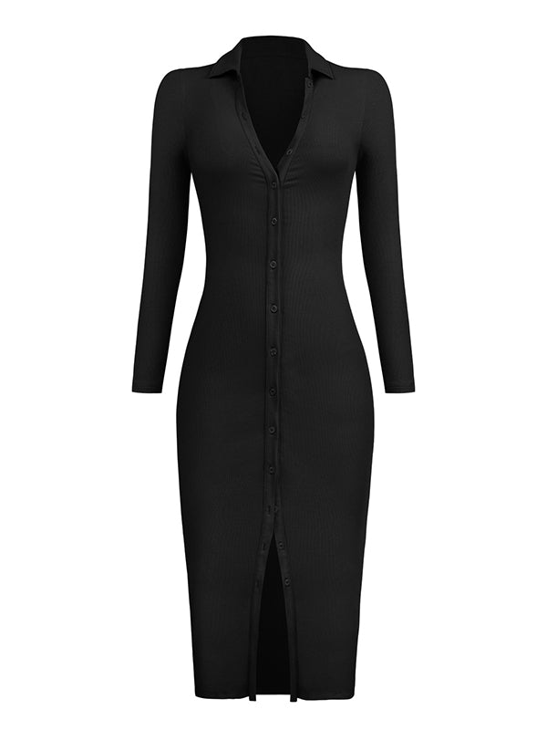 High Waisted Long Sleeves Buttoned Solid Color Lapel Midi Dresses