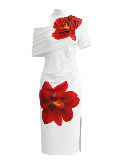 Bodycon Short Sleeves Flower Print Pleated Split-Front High Neck Midi Dresses