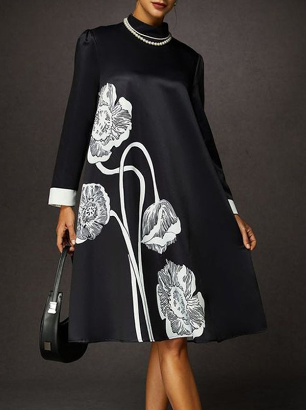 A-Line Long Sleeves Contrast Color Floral Printed Split-Joint High Neck Midi Dresses