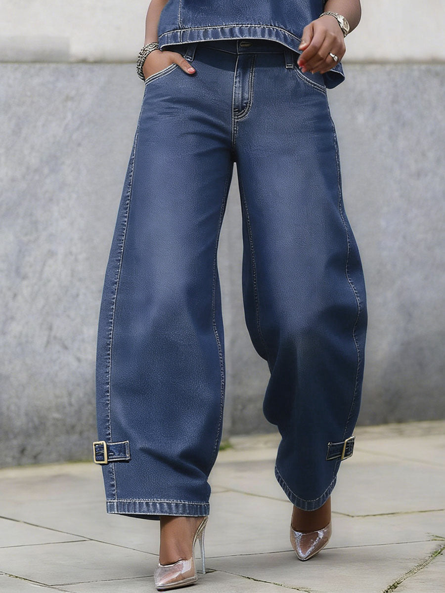 High Waisted Wide Leg Buckle Pockets Solid Color Jean Pants Bottoms