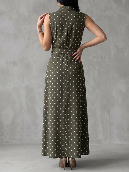 Sleeveless Belted Buttoned Contrast Color Pockets Polka Dot Split-Front Lapel Maxi Dresses Shirt Dress