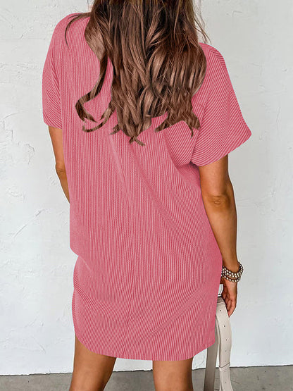 A-Line Loose Contrast Color Pockets Split-Joint Striped Round-Neck Mini Dresses