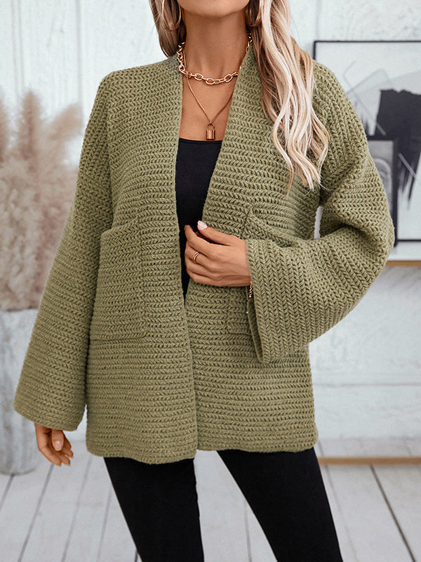 Long Sleeves Loose Pockets Solid Color Split-Joint Collarless Cardigan Tops