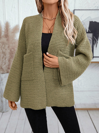 Long Sleeves Loose Pockets Solid Color Split-Joint Collarless Cardigan Tops
