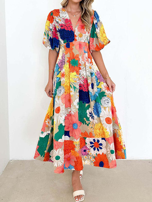 Flower Print Pleated Ruffled High Waisted Long Sleeves V-Neck Maxi Dresses