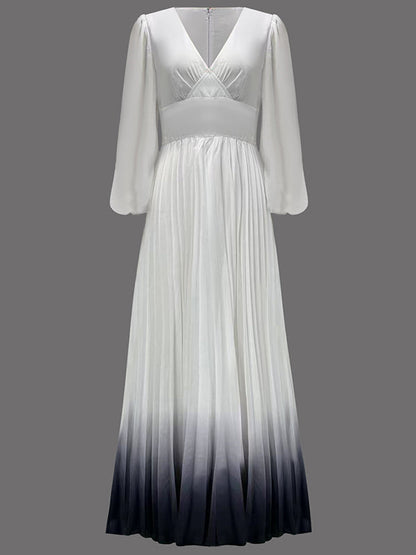 A-Line High Waisted Gradient Pleated V-Neck Maxi Dresses