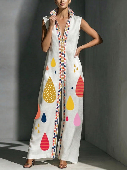 Column Loose Contrast Color Pockets Printed Split-Joint Stand Collar Jumpsuits