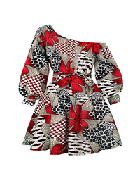 A-Line High Waisted Elasticity Flower Print Split-Joint Round-Neck Mini Dresses