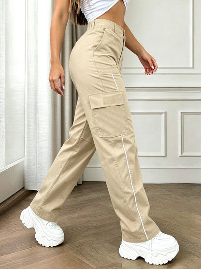 Pockets Contrast Color High Waisted Trousers Pants