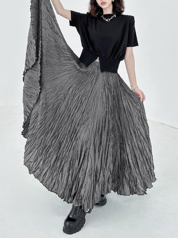 A-Line Irregular Clipping High-Waisted Pleated Solid Color Skirts