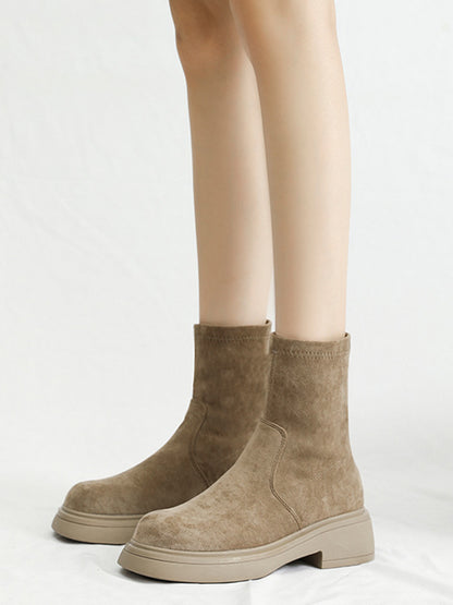 Chunky Shoes Round-Toe Split-Joint Velvet Boots