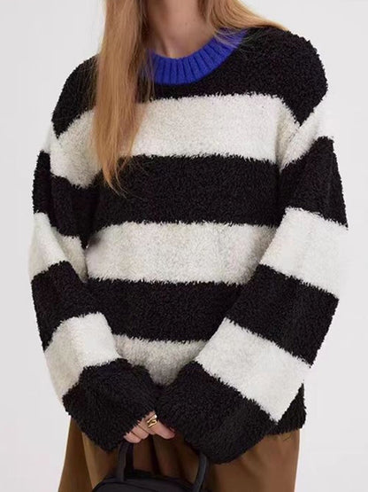Long Sleeves Loose Contrast Color Split-Joint Striped Round-Neck Pullovers Sweater Tops