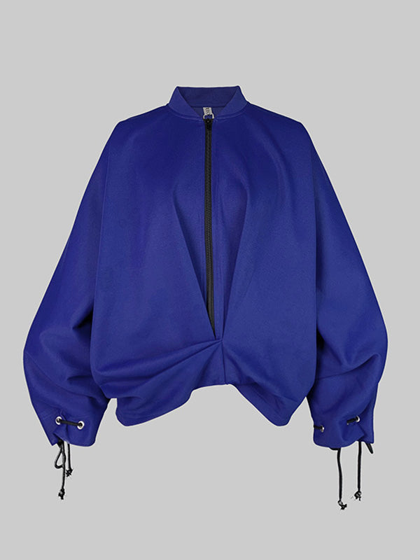 Loose Puff Sleeves Asymmetric Split-Joint Zipper Stand Collar Outerwear