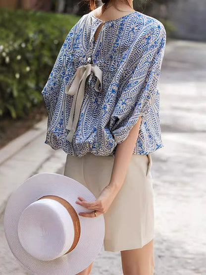 Batwing Sleeves Bow-Embellished Floral Printed Round-Neck Blouses&Shirts Tops