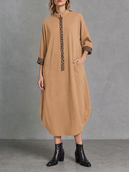 Split-Joint Pockets Leopard Three-quarter Sleeves Loose Mandarin Collar Midi Dresses