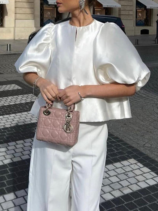 Loose Puff Sleeves Hollow Solid Color Split-Joint Round-Neck Blouses