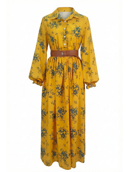 A-Line Elasticated Waist Belted Buttoned Contrast Color Flower Print Pleated Split-Joint Lapel Maxi Dresses Shirt Dress