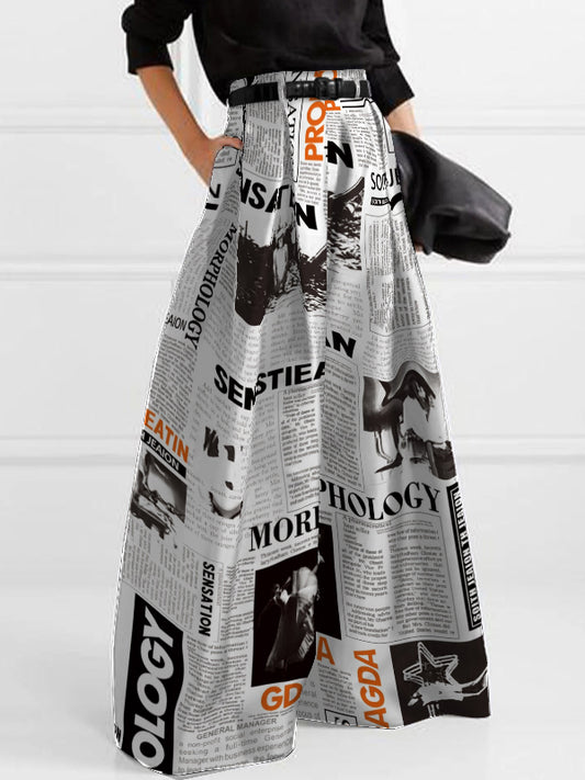High Waisted Loose Newspaper Print Pleated Pants Trousers