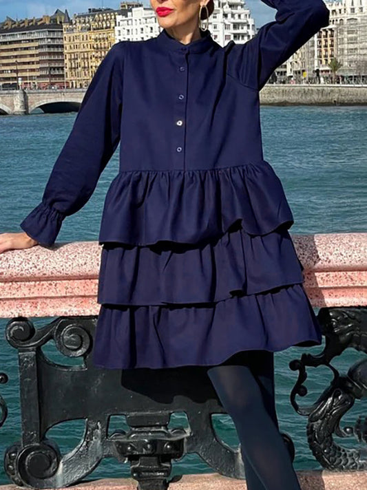 Flared Sleeves Long Sleeves Buttoned Elasticity Layered Solid Color V-Neck Mini Dresses