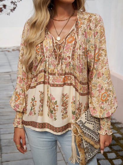 Long Sleeves Loose Contrast Color Drawstring Flower Print Pleated Split-Joint V-Neck Blouses&Shirts Tops