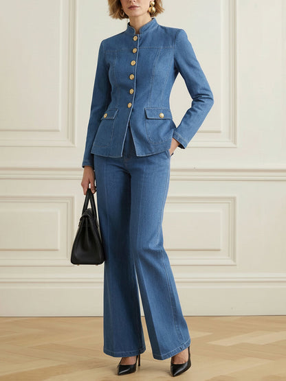 Long Sleeves Buttoned Pockets Solid Color Stand Collar Outerwear