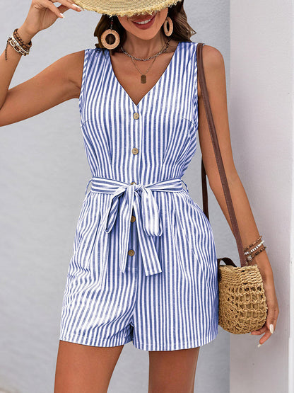 Elasticated Waist High Waisted Buttoned Pockets Striped Tied Waist V-Neck Rompers