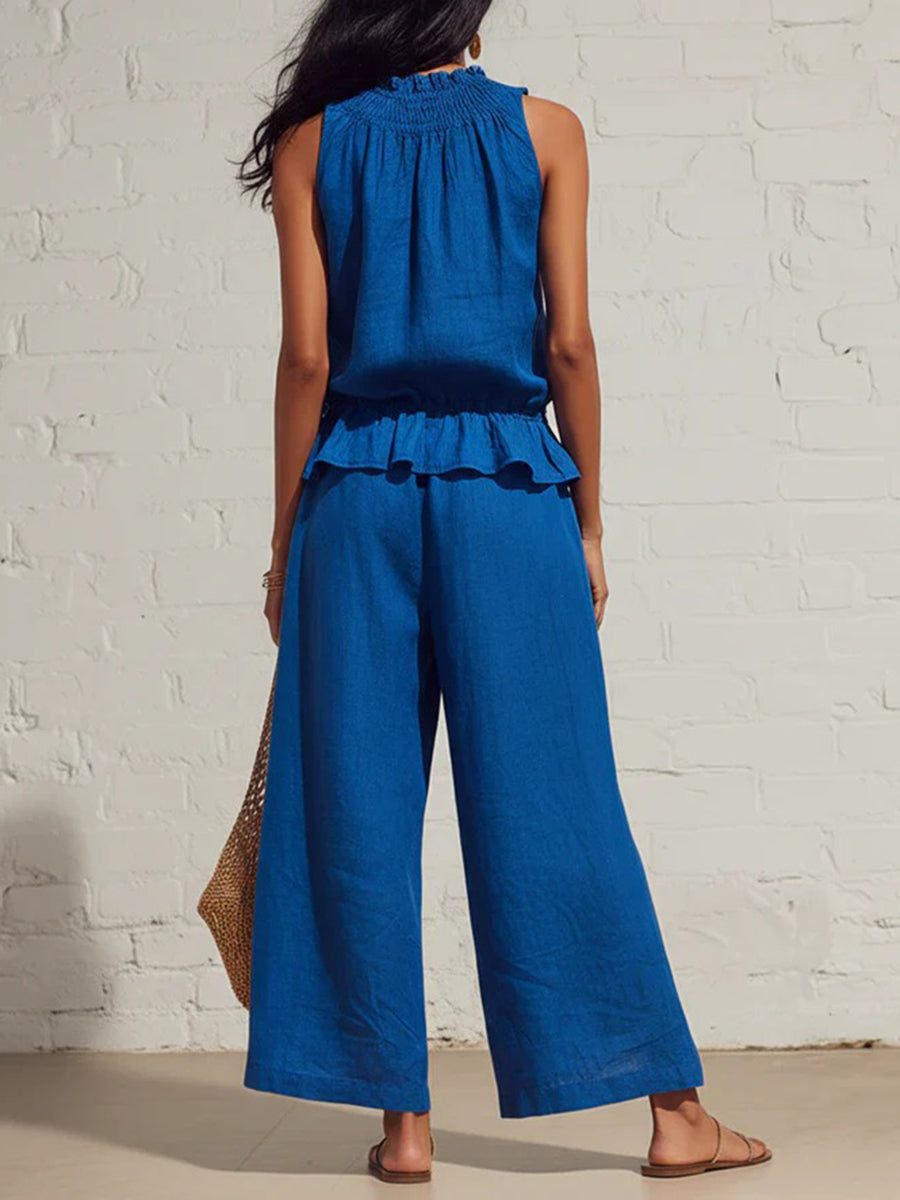 Loose Sleeveless Elasticity Pleated Pockets Solid Color Round-Neck Vest Top + Bottom Pants Two Pieces Set