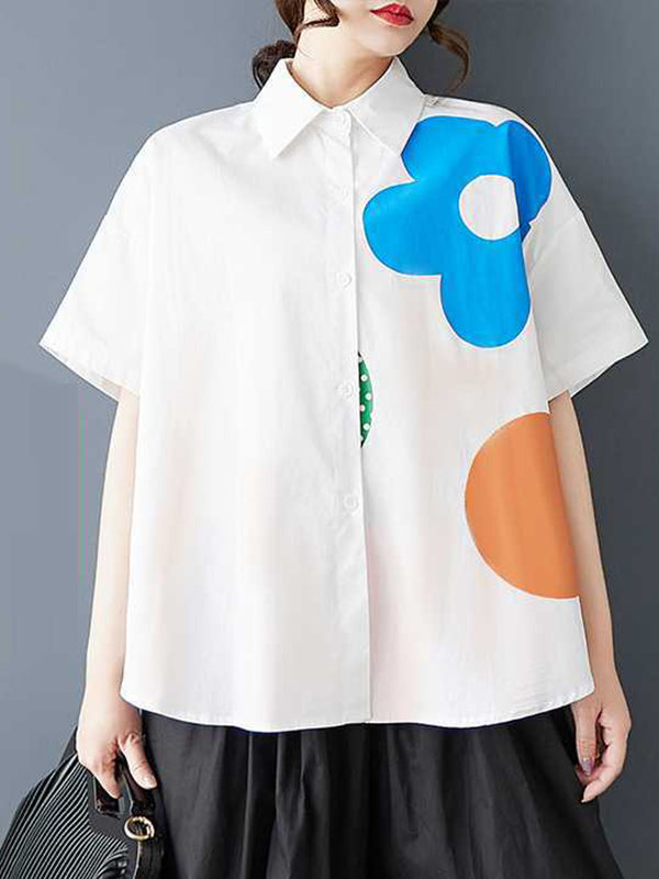 Loose Short Sleeves Buttoned Flower Print Lapel Blouses&Shirts Tops