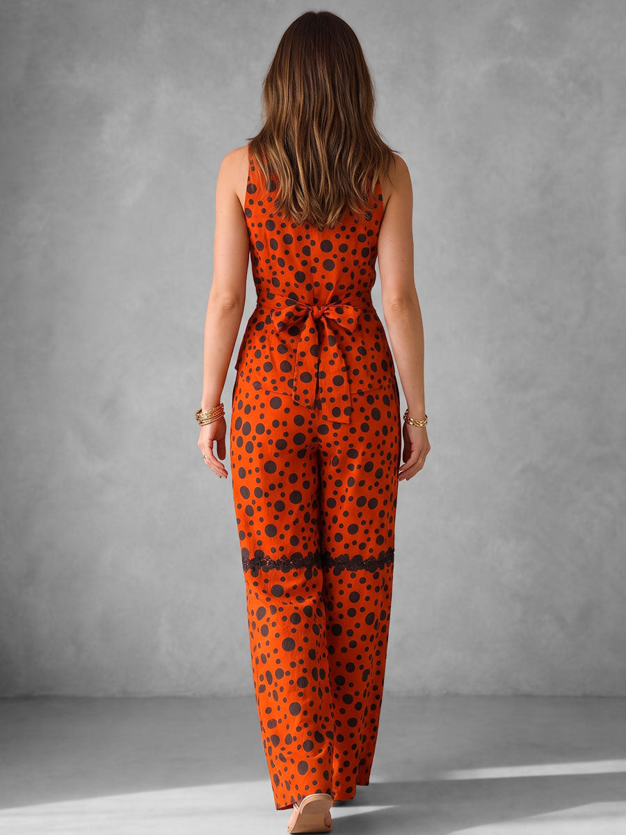 Split-Joint Polka Dot Drawstring Contrast Color Sleeveless Lapel Blouses&shirts Tops