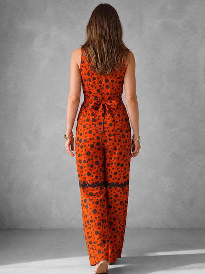 Split-Joint Polka Dot Drawstring Contrast Color Sleeveless Lapel Blouses&shirts Tops
