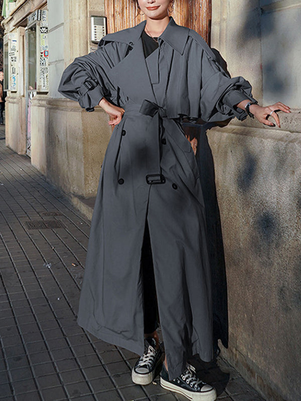Long Sleeves Loose Buckle Buttoned Split-Back Tied Waist Lapel Outerwear Trench Coats