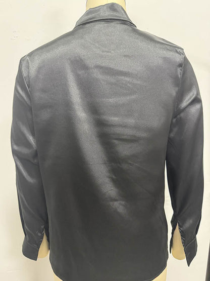 Long Sleeves Loose Solid Color Split-Joint Streamer Scarf Collar Blouses&Shirts Tops