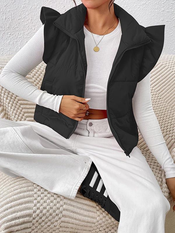 Flared Sleeves Pleated Solid Color Split-Joint High Neck Padded Vest