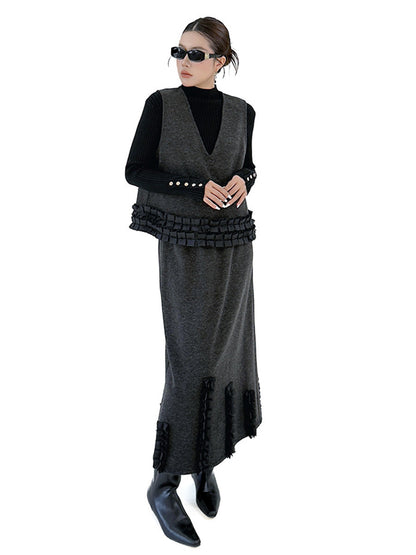 Contrast Color Ruffled Split-Joint V-Neck Vest Top + Elasticated Waist High Waisted Pleated Skirts Bottoms Two Pieces Set