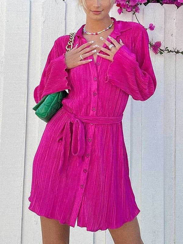 Long Sleeves Loose Buttoned Solid Color Tied Waist Lapel Mini Dresses