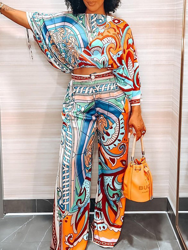 High Waisted Loose Buttoned Pleated Pockets Printed Split-Joint Pants Trousers