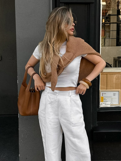 Elasticated Waist High Waisted Pleated Solid Color Split-Joint Pants