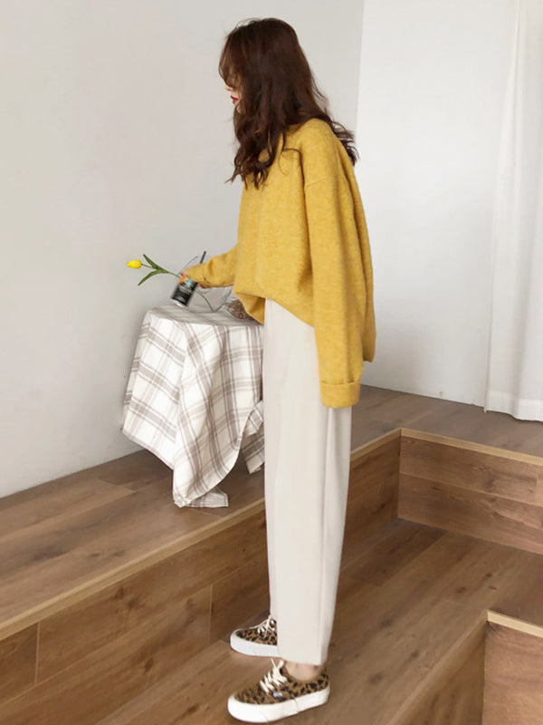 Simple Loose Long Sleeves Round-Neck Sweater Tops Pullovers