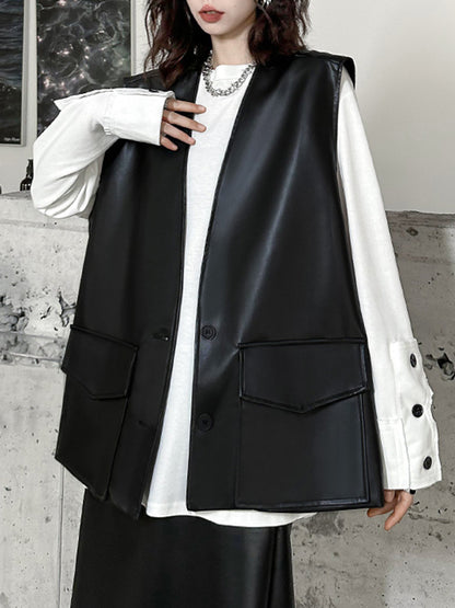 Loose Solid Color V-Neck Sleeveless Buttoned Pockets Vest Top + High Waisted Elasticity Tasseled Skirt Bottom Two Pieces Set