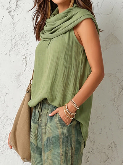 Loose Sleeveless Detachable Pleated Solid Color Halter-Neck Scarf + Tank Top Two Pieces Set