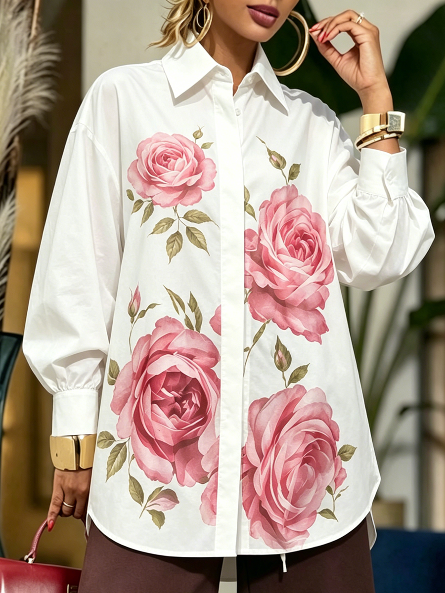 Long Sleeves Loose Buttoned Flower Print Lapel Blouses&Shirts Tops