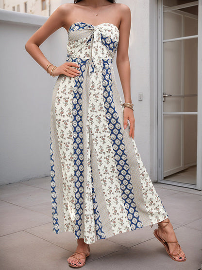 High Waisted Sleeveless Backless Contrast Color Pleated Printed Split-Joint Tied Twist Tube Jumpsuits