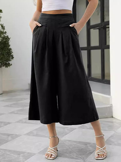 Flared Pants High Waisted Pleated Pockets Solid Color Split-Joint Ninth Pants Trousers