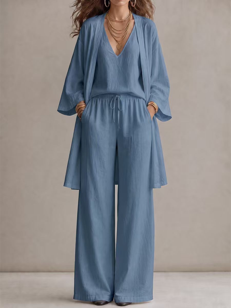 Solid Color V-neck Tank Top + Long Sleeves Outerwear + High Waisted Drawstring Elasticity Pockets Pants Trousers Three Pieces Set