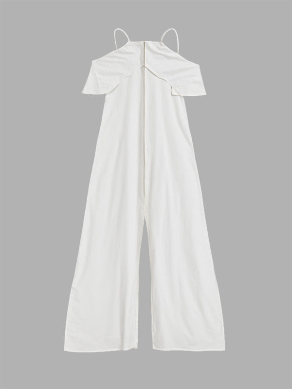 High Waisted Loose Solid Color Zipper Cold Shoulder Jumpsuits