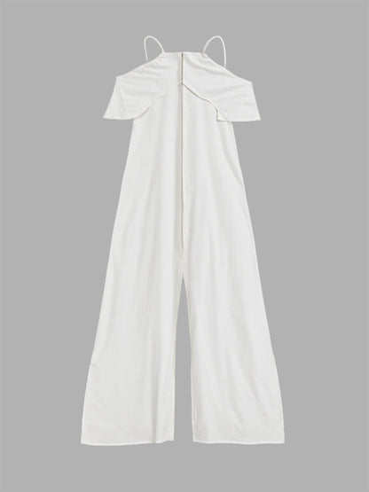 High Waisted Loose Solid Color Zipper Cold Shoulder Jumpsuits