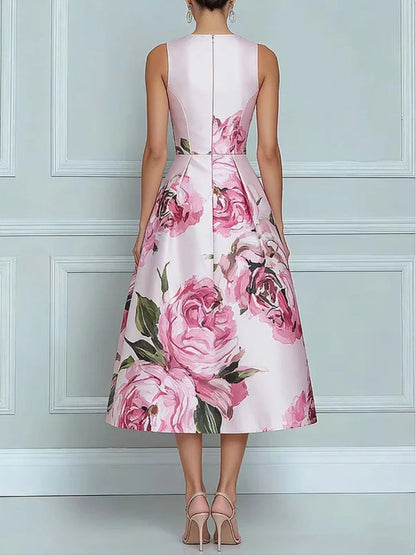 A-Line High Waisted Contrast Color Flower Print Pleated Pockets Zipper Round-Neck Midi Dresses