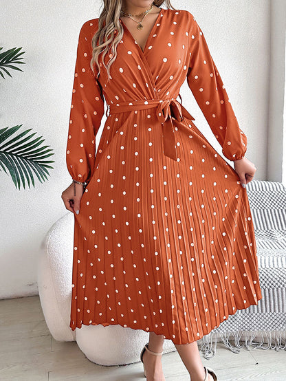 High Waisted Long Sleeves Pleated Polka Dot Tied Waist V-Neck Maxi Dresses Shirt Dress