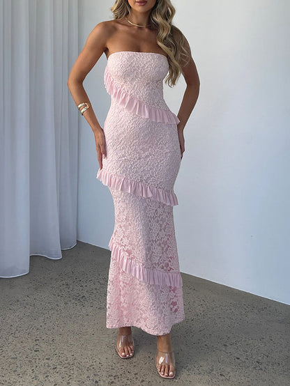 A-Line Bodycon Ruffled Solid Color Split-Joint Tube Midi Dresses