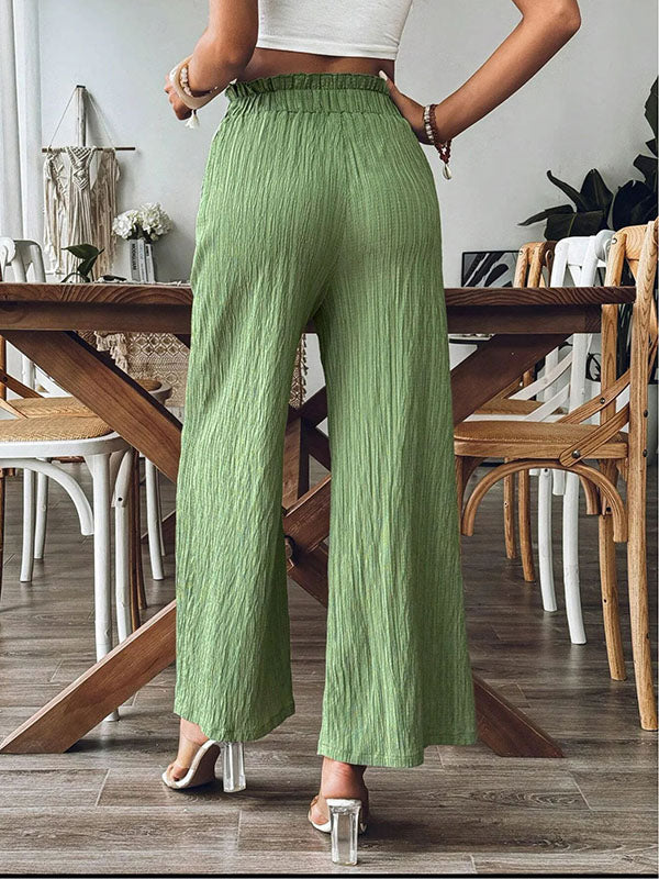 Loose Wide Leg Elasticity Pleated Pockets Solid Color Split-Joint Pants Trousers
